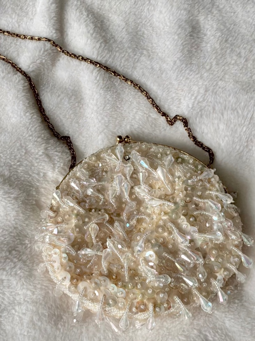 Vintage Round Beaded Evening Bag 6” Cream Iridescent Fringe Sequin Purse ClaspCh